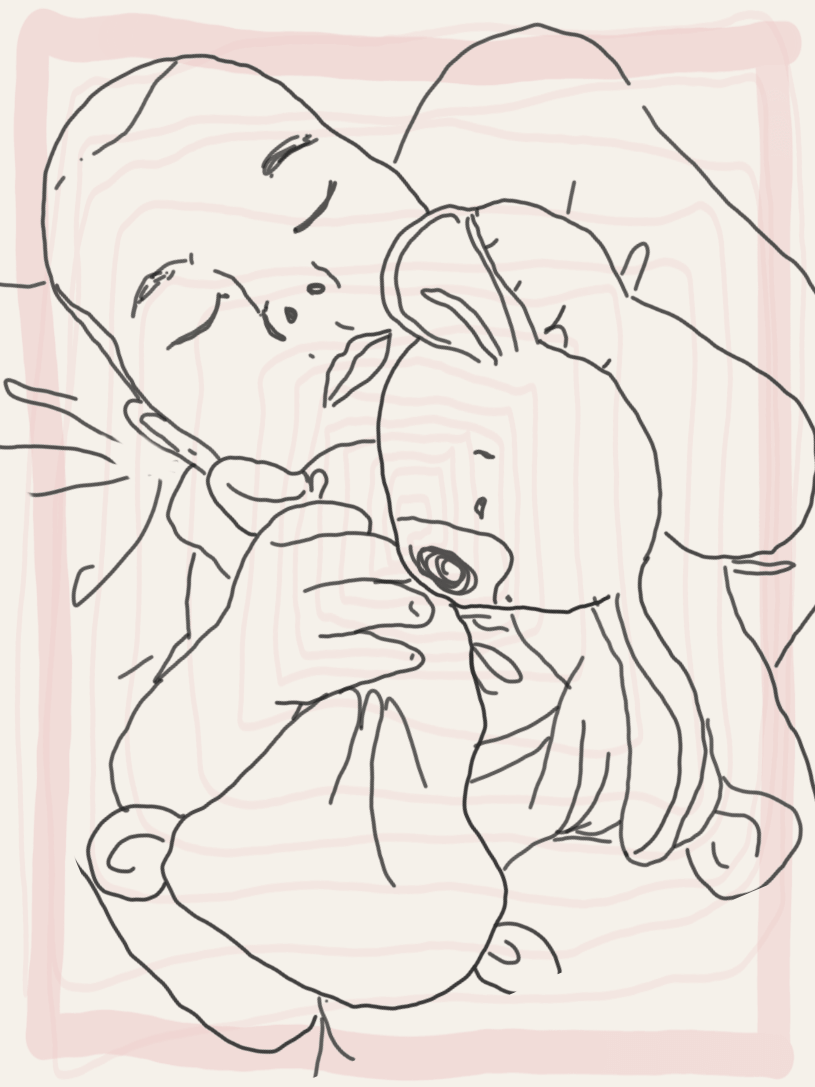 Uyku arkadaşına sarılarak uyuyan bebek illüstrasyonu, ressam Miray Özçelik tarafından elle çizildi.