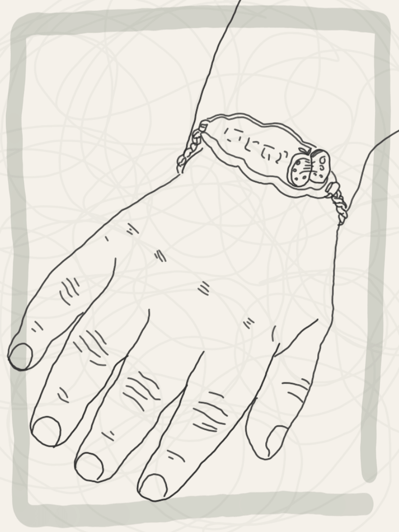 Ressam Miray Özçelik tarafından özel olarak elle çizilmiş illüstrasyonda isim künyesi takılı bir bebek eli var.